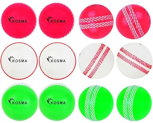Kosma Pack of 12 Windball Cricket Balls | Indoor & Outdoor Soft Training Cricket Ball for Coaching Practice (4Pc Each Pink with White Seam,White with Red Seam,Green with White Seam)