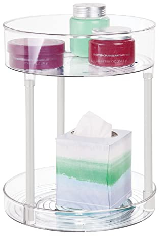 mDesign Kosmetik Organizer – zweistöckige Make-up Ablage mit Drehtellern – Baderegal stehend aus Kunststoff und Metall – für Kosmetik- & Badeaccessoires – durchsichtig und weiß