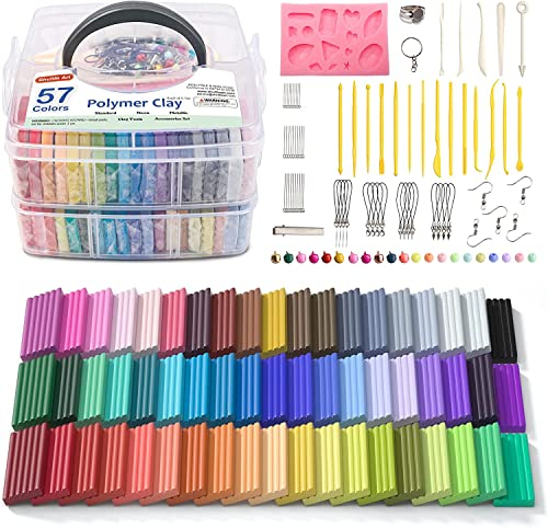 Shuttle Art Polymer Clay, 57 buntes Weich-Ton-Set, 1,55 kg/ 3,4 lb, ofenhärtende Modelliermasse Set, Backknete, ausgestattet mit 19 Schnitzwerkzeugen und 10 Zubehörteilen, nicht klebrig, ungiftig