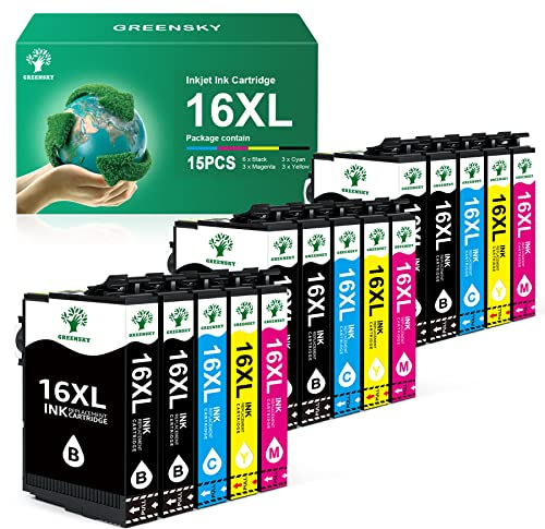 GREENSKY Multipack 16 XL Druckerpatronen Kompatibel für Epson 16XL Patrone für Epson WF 2630 WF 2760 WF 2660 WF 2510 Workforce WF-2760 WF-2630 WF-2660 WF-2510 WF-2750 WF-2650 WF-2540 (15er Pack)