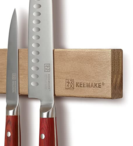 KEEMAKE Porte Couteaux Aimanté 41 cm, Aimant Couteau Mural en Bois d'acacia, Barre Aimantée Porte Couteaux Magnétique, Support Couteaux Cuisine, Montage avce Kit de Vis