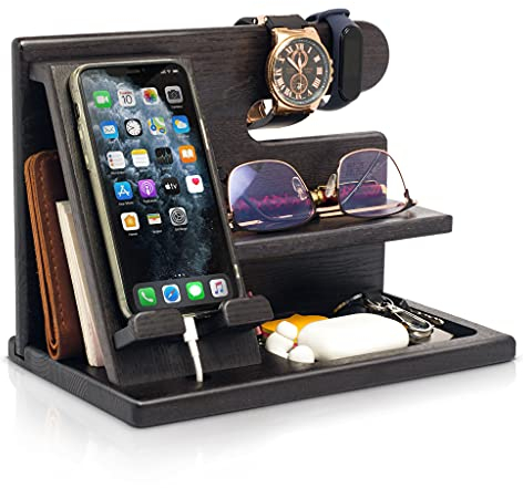 TESLYAR Holz Telefon Dockingstation Männer Esche Schwarz - Schreibtisch Organizer Holz, Handy & Schlüssel Organizer - Geschenk Mann Geburtstag,Handyständer | Nachttisch | Handy Zubehör
