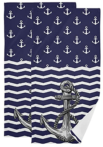 Anchor Badetuch, 2 Stück, saugfähig, nautisch, weiß, gestreift, Handtücher, Meeresanker, marineblau, weich, atmungsaktiv, Anker-Fingerspitzen-Handtuch für Badezimmer, Küche, Geschenk, 71.9x36.6 cm