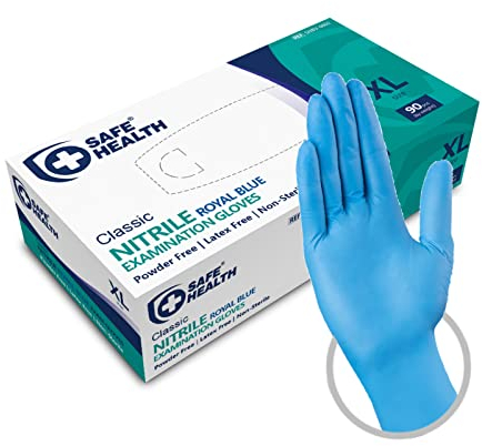 Safe Health Gants Jetables d'examen en Nitrile Taille XL Bleu, Boîte de 90 gants, Sans poudre Sans latex Hypoallergéniques, CE EN455 Certifiés, Soins médicaux Aliments, 3,5 Mil
