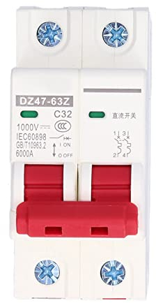 Disyuntor DC, DZ47‑63Z 2P 1000V Miniatura Aislador de Sistema Fotovoltaico Solar Interruptor de Desconexión de DC, Montaje en Carril DIN de 35mm (32A)