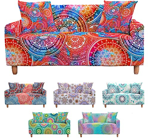 Mateju Stretch Sofabezug 1/2/3/4 Sitzer, Böhmen Druck Antirutsch Sofaüberwürfe Ecksofa Couchbezug L Form Sofa Spannbezug Sesselbezug für Wohnzimmer Wohnkultur (Bunt verträumt,3-Sitzer 190-230cm)