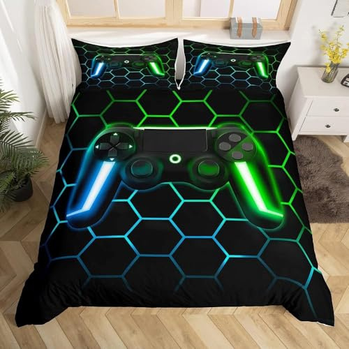 Homewish Boys Gaming Bedding Set Kids Gamer Duvet Cover Super King Luxury Soft Teens Game Controller Quilt Cover Home Room Decor Blue Green Honeycomb Print Bed Sets + 2 Pillowcases