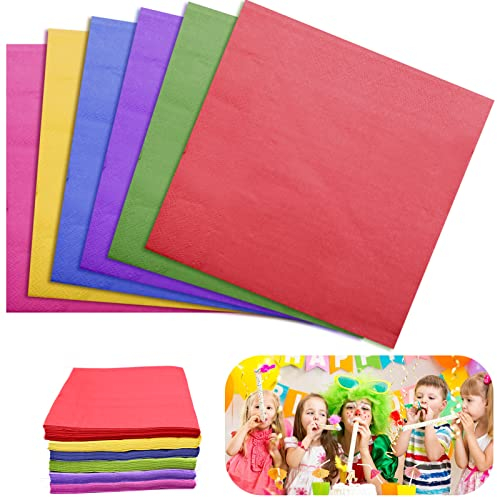 INHEMING 120 Stück Bunte Servietten Regenbogenfarben Papier Party Servietten 2-lagig Farbig Cocktailservietten Getränke Papierservietten, für Kinder Geburtstag Hochzeit Tischdeko - 33x33cm