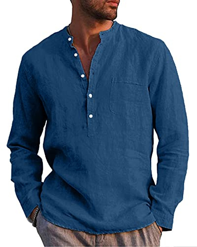 LVCBL Linen Shirts Men Shirt Loose Fit White Shirt Men Sea Blue M
