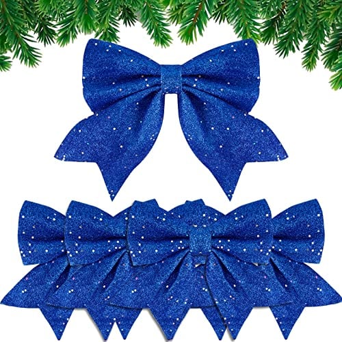 Large Navy Blue Glitter Bows - 5PCS Christmas Decorative Ribbons for Tree, Wreath & Ornament