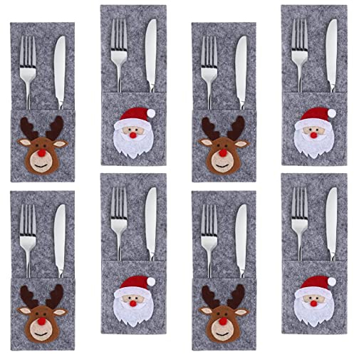 8 Stück Weihnachten Besteckhalter Taschen Weihnachtsmann Rentier Muster Filz Weihnachtliche Besteckbeutel Bestecktasche Rechteck Besteckbeutel Weihnachten Tisch Dekoration Tischdeko Bestecktasche