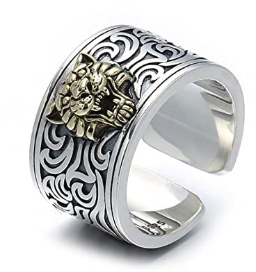 RobertDTesta Herren S925 Sterling Silber Tiger Kopf Ring, Vintage Mode Offen Tiger Kopf Ring,Silber,12