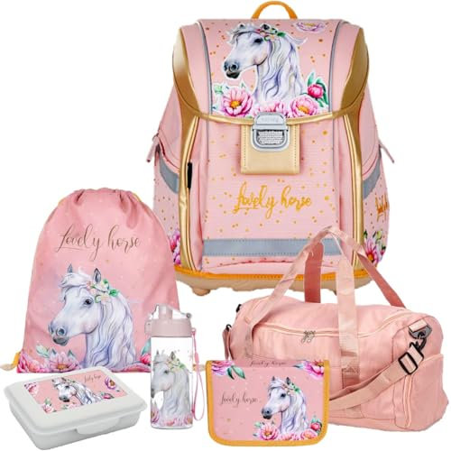 Generisch Premium Light Lovely Horse - Pferd - Schulranzen-Set 6tlg. mit Sporttasche Brotdose und Trinkflasche
