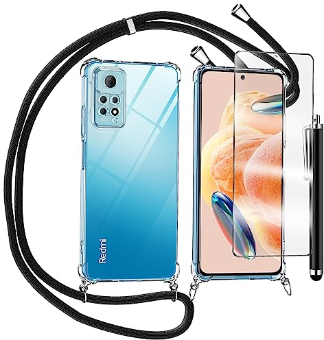 TTSWJBD Handykette für Xiaomi Redmi Note 12 Pro 4G Hülle mit Displayschutzfolie Schutzfolie, Necklace Handyhülle mit Abnehmbar Kordel zum Umhängen Transparent Silikon Schutzhülle mit Band in Schwarz