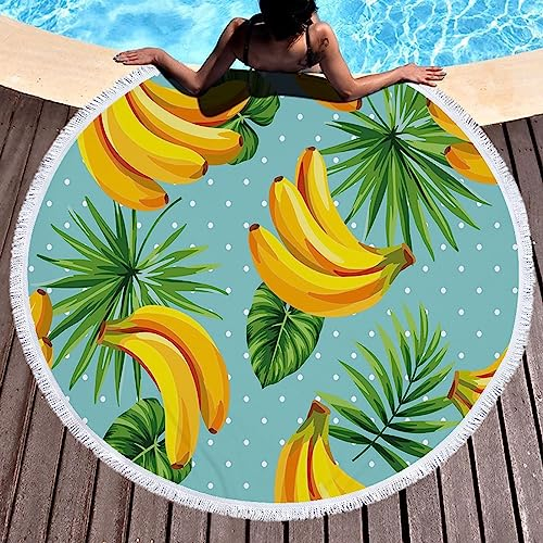 AMDXD 150x150CM Strandtuch Rund Mikrofaser, Banane Blätter Muster Handtuch Jungen Gelb Grün Pool-Handtuch Duschtücher für Fitness, Reise, Strand, Schwimmen, Yoga