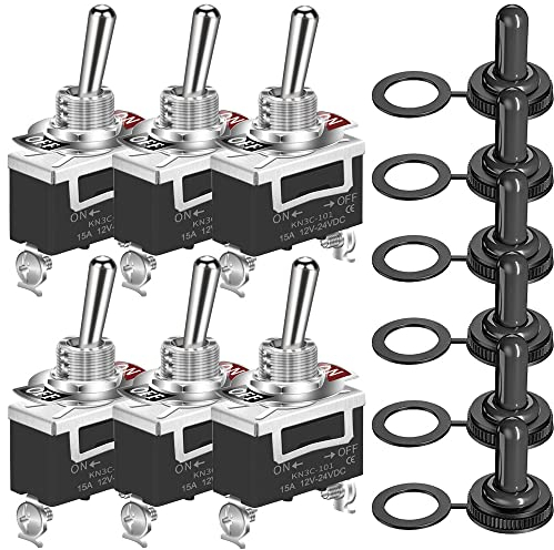 GUUZI Paquete de 6 Interruptores Basculantes de 10A/12V CC, 6A/24V CC de Alta Resistencia, Interruptor de Encendido/Apagado SPST de 2 Pines, Cubierta Impermeable de Tapa de Maletero de Bate de Metal