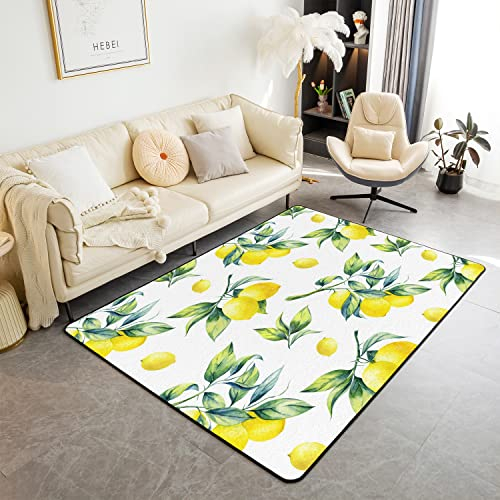 Loussiesd Zitrone Bereich Teppich 100x150cm Botanische Zitrone Muster Indoor Bodenmatte Raum Dekorative Tropische Obst Wohnzimmer Teppiche Gelb Grün Akzent Teppich für Schlafzimmer Balkon Küche