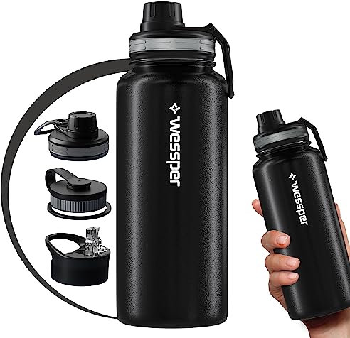 Wessper Edelstahl Trinkflasche 1L, BPA-Frei Wasserflasche mit 3 Deckel für Wasser, Kaffee und Tee, Auslaufsicher Thermoflasche für Sport, Gym, Wandern, Fahrrad, Büro - Schwarz