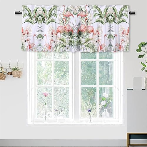 COALHO Aquarell Flamingo abstrakt tropischer Dschungel isolierte kurze Vorhänge Fensterbehandlungen, Palmblatt rosa schöner Flamingo für Wohnzimmer, Schlafzimmer, Badezimmer, 138 x 46 cm (L x B x B)
