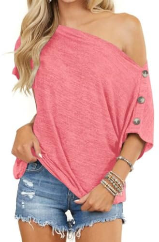 Dressmine Women's Loose Batwing Short Sleeve T Shirts Off The Shoulder Tops Blouse with Down Pink XX-Large