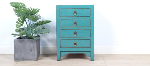 Yajutang Chinesische Kommode Nachtschrank Massivholz türkis RAL5018