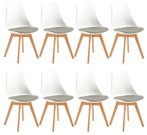 EGGREE 8er Set Esszimmerstühle mit Massivholz Buche Bein SGS Geprüfter, Skandinavisch Design Gepolsterter aus PU-Leder Küchenstuhl Essstühle, Weiß & Grau…
