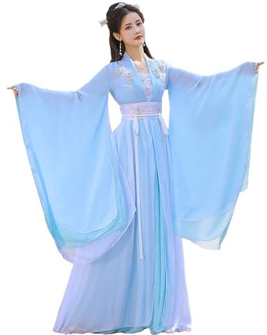 Hanfu Robe Hanfu Chinoise pour Femmes, Vêtements Traditionnels À Manches Larges, Ancienne Princesse De Fête, Style Chinois, Robe De Fée Fluide Bleue (Color : Blue, Taille : L)