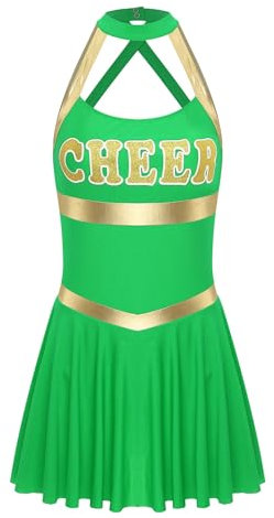 Zaldita Damen Cheer Leader Kostüm Neckholder Cheerleading Kleid Rückfrei Minikleid High School Uniform Party Cosplay Outfit Grün S
