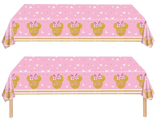 2Pcs Pink Plastic Tablecloth,Min-nie Table Cloth Birthday Party Disposable Tablecloth,137*274cm Rectangle Plastic Table Cover Party Tableware Table Cloth for Girls Boys Baby Shower Party Supplies