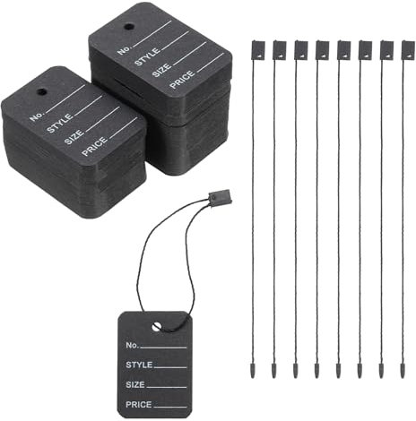 QUARKZMAN Preisschilder und Anhängeetiketten für Kleidung, 2x1.4 schwarze Fadenschilder für Kleidung, Einzelhandelsgeschäft, 250er Set