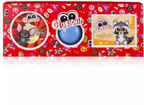 Accentra - Badeset GLUBSCHIS in Geschenkbox, inkl. 100g Badesalz, 100g Badeseife und 100g Badebombe, Motiv Baako & Clooney – Geschenk Set für Mädchen oder Jungen zum Geburtstag oder Weihnachten