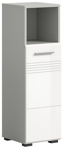 xonox.home Badezimmer Copa Kommode Schrank Standschrank schmaler Badezimmerschrank Badschrank schmal in Front weiß Hochglanz tiefzieh Korpus hellgrau Nb. ca.30x95x30 cm