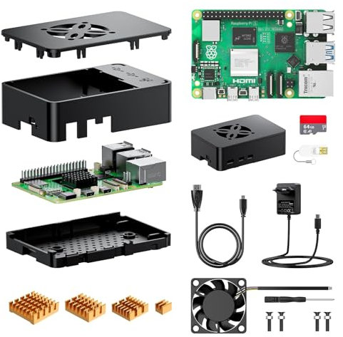 STUUC Raspberry Pi 5 8 GB di RAM con Scheda SD da 64 GB, Starter Kit Raspberry Pi 5, 1 cavo HDMI, Alimentatore USB-C da 27 W, Ventola di Raffreddamento del Case, 4 Dissipatori di Calore