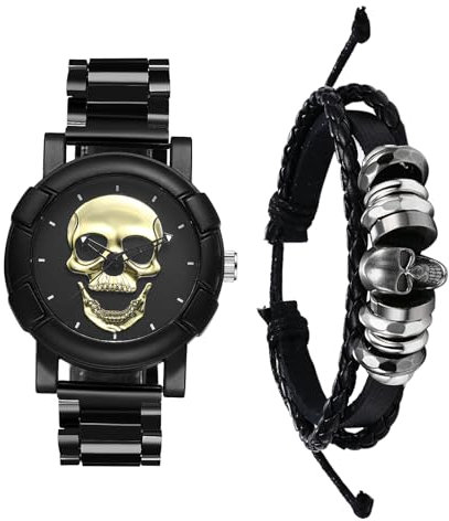 JewelryWe Herrenuhr Lederarmband Halloween 2er Set: Steampunk Gold Totenkopf Schädel Analog Quarz Edelstahl Armbanduhr mit Verstellbar Geflochten Leder Armband Schmuckset Uhr Armreif Set für Herren