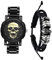 JewelryWe Herrenuhr Lederarmband Halloween 2er Set: Steampunk Gold Totenkopf Schädel Analog Quarz Edelstahl Armbanduhr mit Verstellbar Geflochten Leder Armband Schmuckset Uhr Armreif Set für Herren