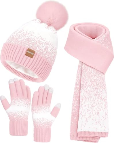 Remifa Damen-Wintermütze, Schal, Handschuhe, Set, Bommel, warme Mütze, langer Strickschal, Touchscreen-Handschuhe, 3-in-1, Weihnachtsgeschenk, rosa / weiß, Einheitsgröße
