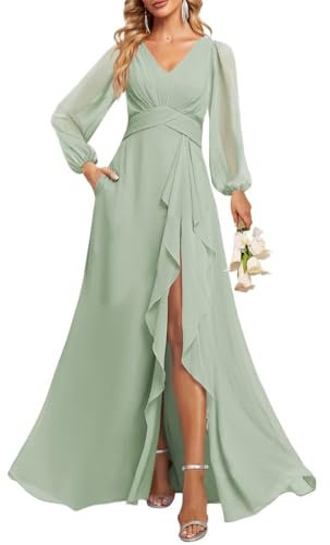 YIANN Sage Green Long Sleeve Bridesmaid Dresses for Wedding Party Plus Size Chiffon Formal Party Gown with Pockets UK18