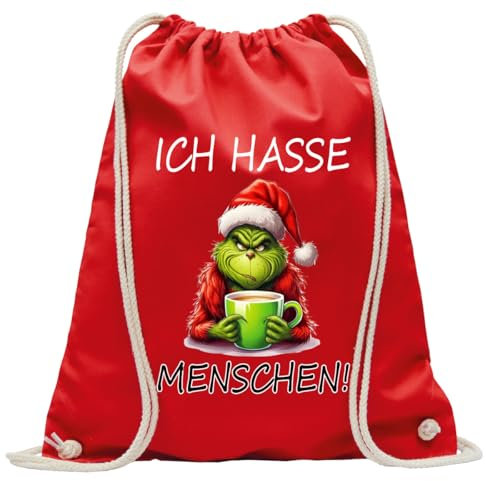 Print Deluxe Rucksack bedruckt mit Spruch, Grin Ich hasse Menschen, Hipster, Sportbeutel, Turnbeutel, Sprüche Jute Beutel, Zuziehbeutel mit Kordeln (Rot)