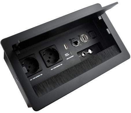 Table Socket, Power Strip Aluminium Table Recessed Sockets 2 x Schuko 1 x USB-A+C Charger（PD 65W） 1 x CAT6 1 x HDMI 1 x USB-C 1 x 1.7m Power Cable 4 x Cable Holes, Tisch Multimedia Steckdose (Black)