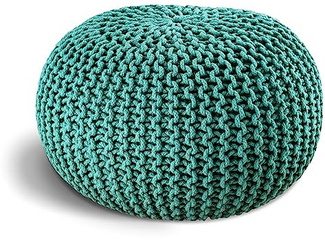 ELYFLAIR® handgefertigter Strickhocker Ø 55cm o. Ø 45cm I Sitzpouf Sitzpuff Bodenkissen Sessel Kissen Sitzhocker Sitzsack - mit eleganter Grobstrick-Optik - Dekoration Interieur (Türkis, Ø 55cm)