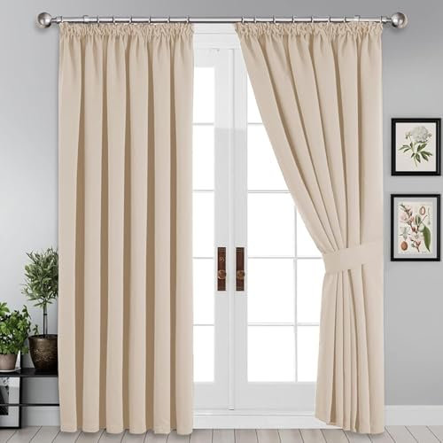 Yorkshire Bedding Pencil Pleat Blackout Curtains for Bedroom W66 x L90 Inch Drop Thermal Insulated Extra Wide Room Divider Cream Curtains with 2 Panels