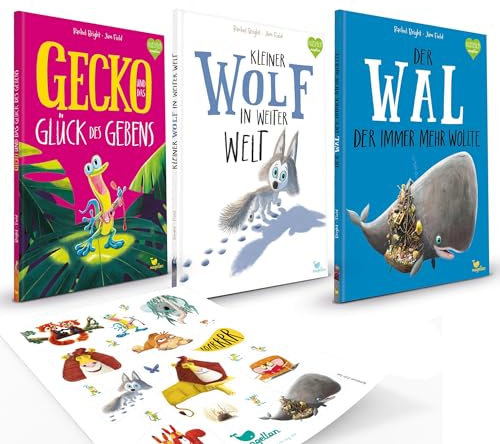 Kleiner Wolf, Der Wal & Gecko – Bilderbuch-Set 4-6 von Rachel Bright & Jim Field ab 3 Jahren über Mut, Freundschaft & Hilfsbereitschaft inkl. Stickerset – Vorlesebücher mit liebevollen Botschaften