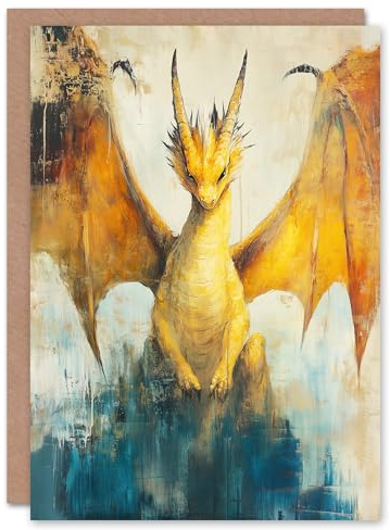 Artery8 Greeting Card Yellow Dragon With Big Wings Fantasy Oil Painting Blank For Him Or Her Art Birthday Card
