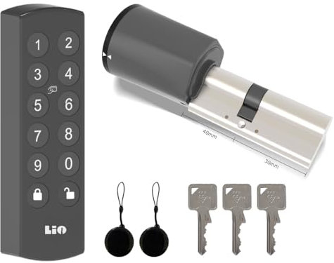 Lio Home Smart Lock, Elektronisches Türschloss mit Tastatur, Schließzylinder 30/40, Tür Entsperren über NFC-Karten, Zahlencode, APP, Schlüssel, Smartes Türschloss mit Akku und Ladegerät.