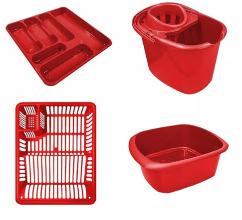 ORGANIZED® Red Plastic Multi-Use Set of 4 – Mop Bucket, Dish Drainer, Cutlery Tray & Rectangular Bowl for Kitchen, Office & More