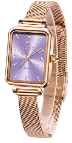 Taxau wasserdichte Rechteckige Rose Gold Armbanduhr Für Frauen Lila Zifferblatt Mesh Armband Elegante Uhr Exquisite Edelstahl Damen Kleine Kleid Uhren