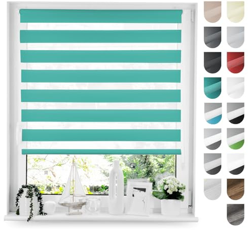 Tom'Shop Doppelrollo Klemmfix ohne Bohren Türkis 105cm x 130cm | Duo Rollo mit Klemmträger Fensterrollo Seitenzugrollo für Lichtschutz Sichtschutz Sonnenschutz leichte Montage