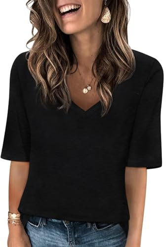 AirMood Women V Neck T Shirts Summer Casual Half Sleeve Tops Loose Fit Tees Tshirt (Black,M)