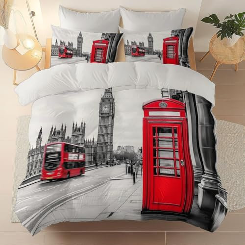 Bettwäsche 180 x 200 cm 3 teilig - Mikrofaser Bettbezug Gebäude Big Ben Bus Kissenbezug 80x80 cm - atmungsaktiver Stoff mit Reißverschluss Bettwäsche-Sets Weiß