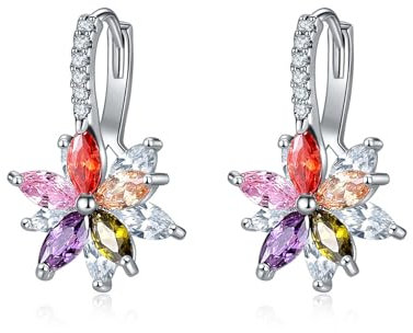 Josfeva Silver Hoop Earrings for Women, White Gold Plated Double Flower Hoop Earring with Colourful Cubic Zirconia, Dangle Ear Jewellery for Women Girl, Hypoallergenic Cartilage Hoops Ear Ring Hanging